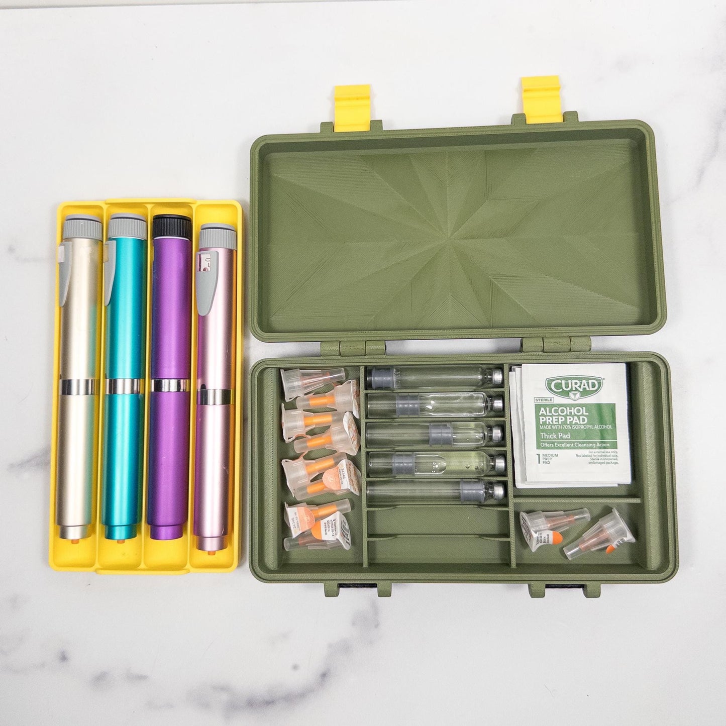 Pen and Cartridge Kit Case | 3D Printed Injection Pen Organizer | 4 Pens, Cartridges, Needle Tips & Prep Pads