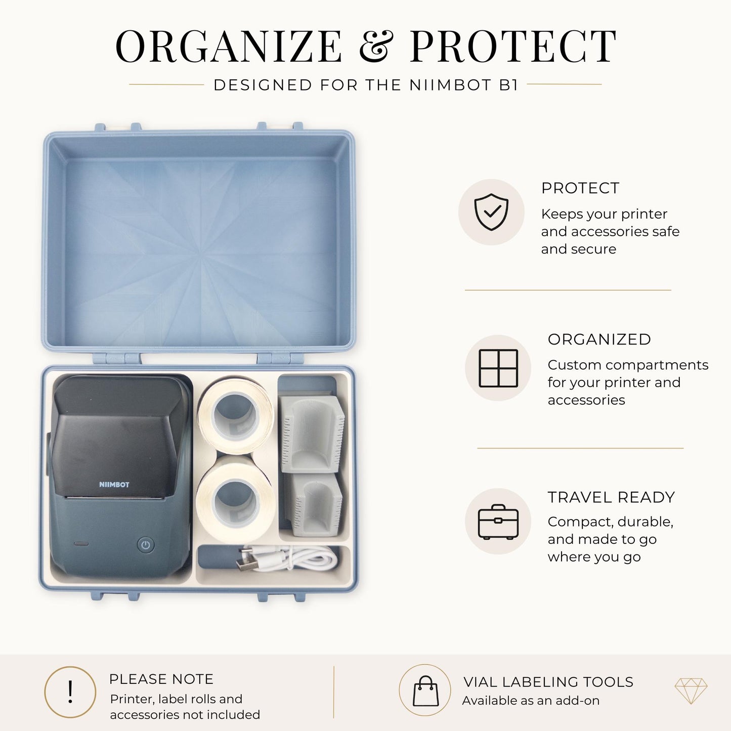 Niimbot B1 Label Printer Storage Case | 3D Printed Peptide Organizer with Vial Labelers