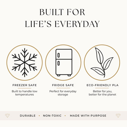 The image is a promotional graphic for a refrigerator that highlights its features, including freezer safety, fridge safety, and eco-friendly pla.