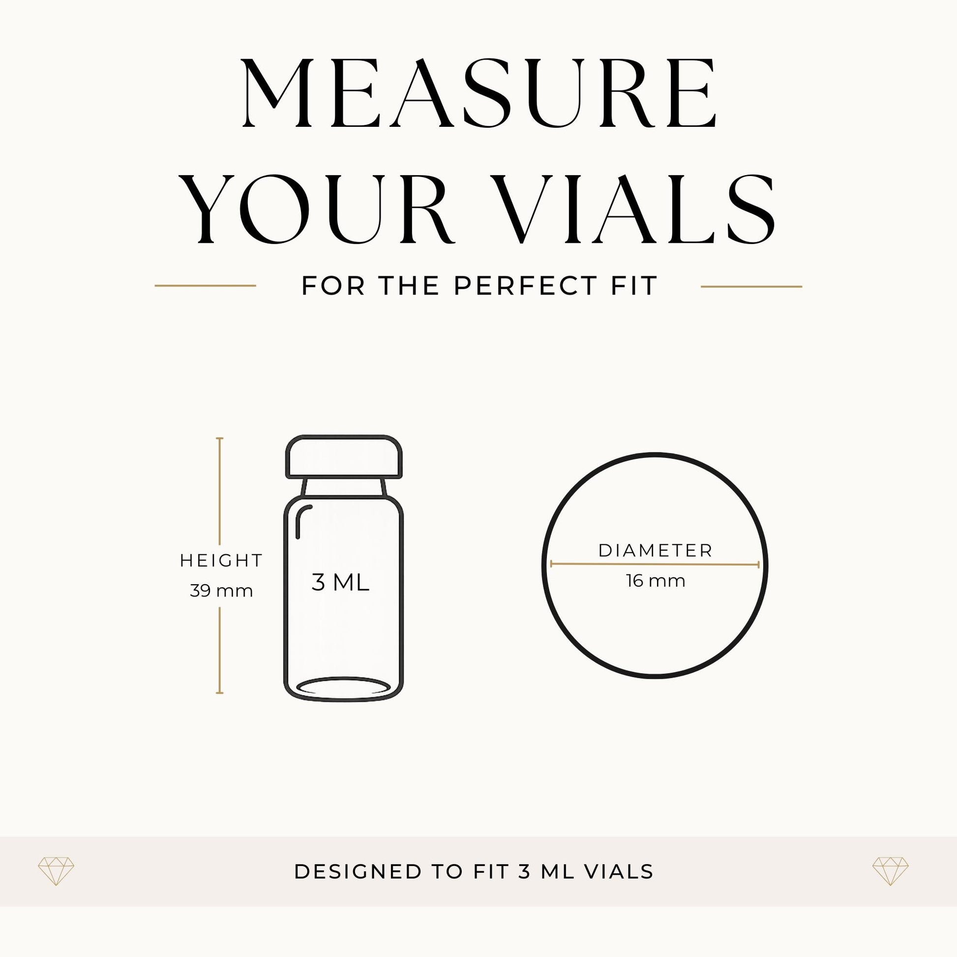The image is a simple line drawing of a 3 mL vial and a round object, with measurements provided.