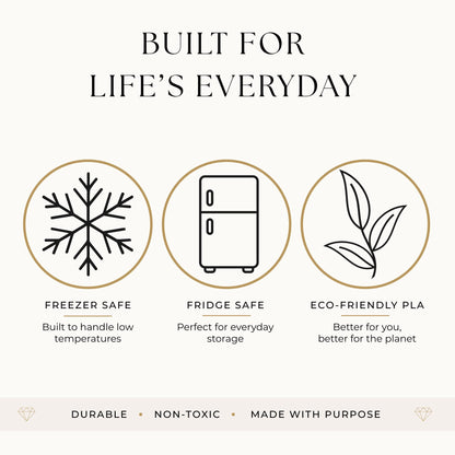 The image is a promotional graphic for a refrigerator that highlights its features, including freezer safety, fridge safety, and eco-friendly pla.