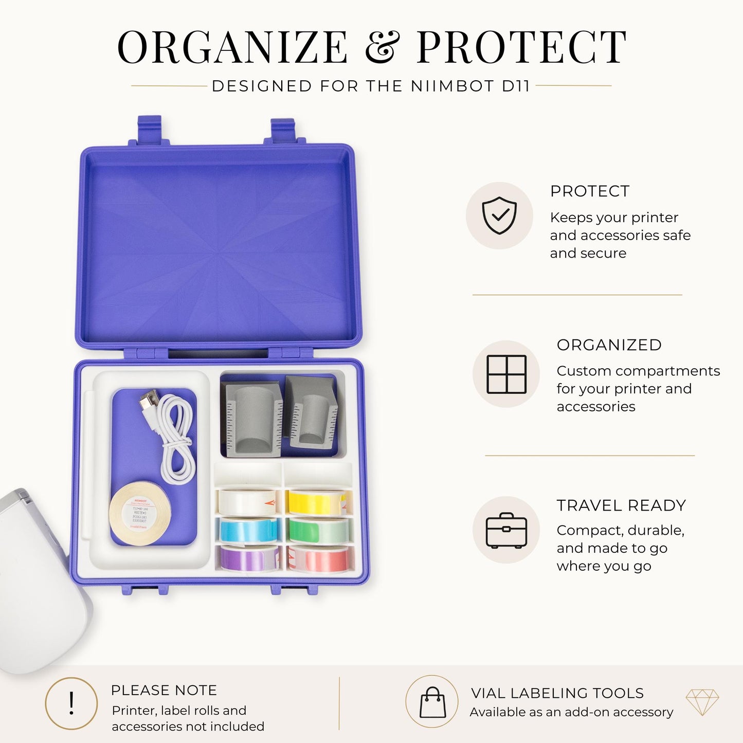 Niimbot D11 Label Printer Storage Case | Travel Organizer with Label Roll Holders & Vial Labelers | 3D Printed Carrying Case