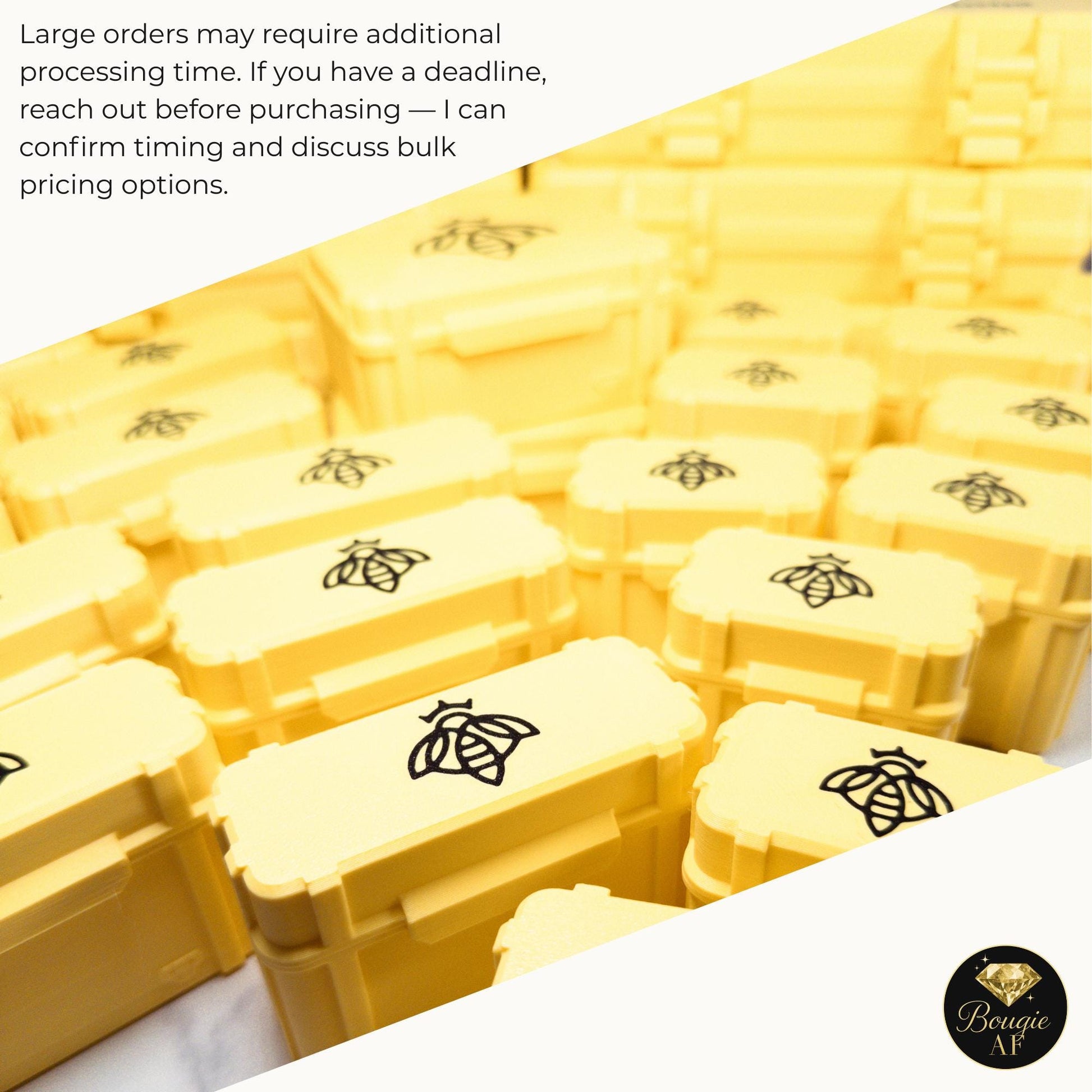 a collection of yellow plastic containers with black bee designs, arranged in rows.