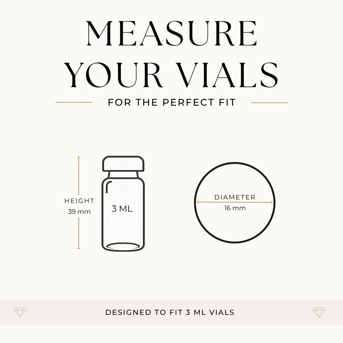 The image is a simple line drawing of a 3 mL vial and a round object, with measurements provided.