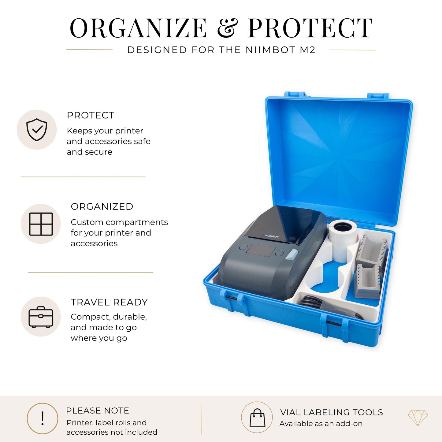 Niimbot M2 Label Printer Storage Case | 3D Printed Peptide Organizer with Vial Labelers