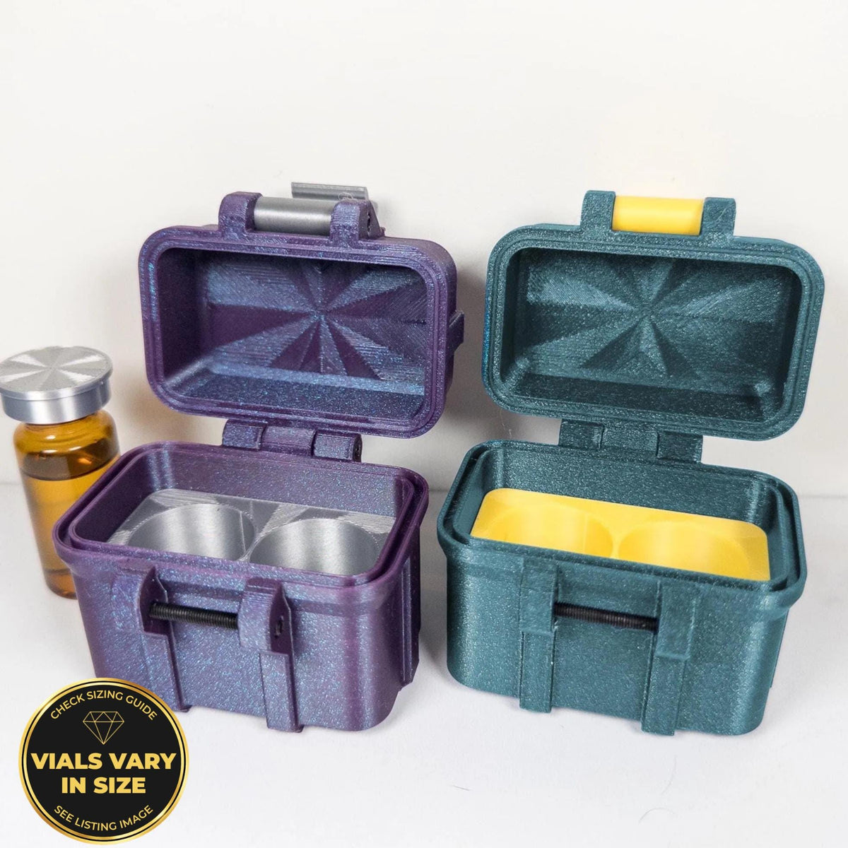 two colorful, glittery containers with their lids open, placed next to a small glass bottle.