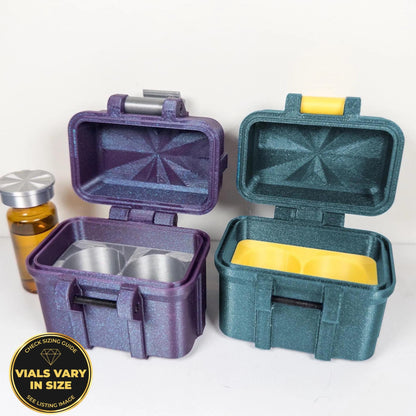 two colorful, glittery containers with their lids open, placed next to a small glass bottle.