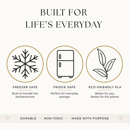 The image is a promotional graphic for a refrigerator that highlights its features, including freezer safety, fridge safety, and eco-friendly pla.
