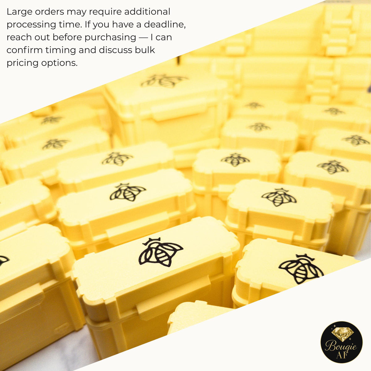 a collection of yellow plastic containers with black bee designs, arranged in rows.