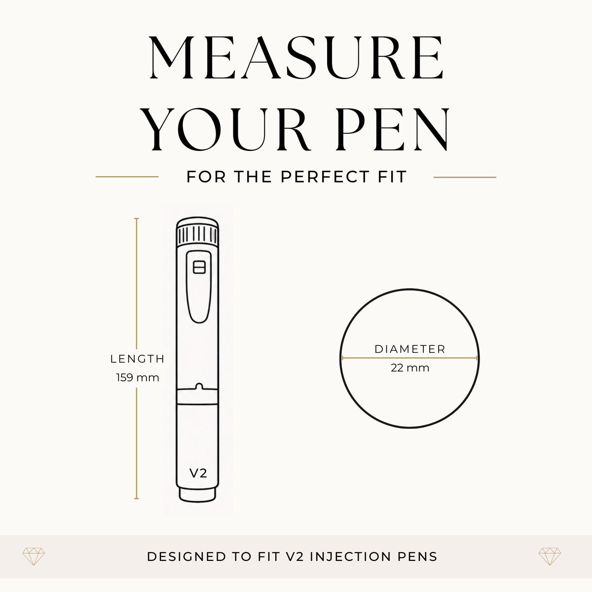 The image is a simple line drawing of a pen, with measurements provided for it to fit a specific pen size.