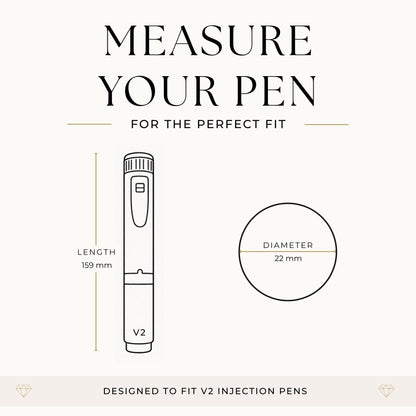 The image is a simple line drawing of a pen, with measurements provided for it to fit a specific pen size.