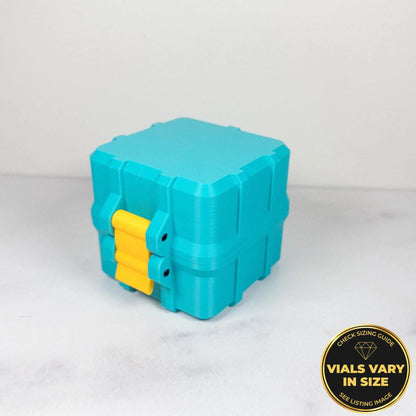 A blue and yellow plastic storage container with a yellow handle, sitting on a white surface.