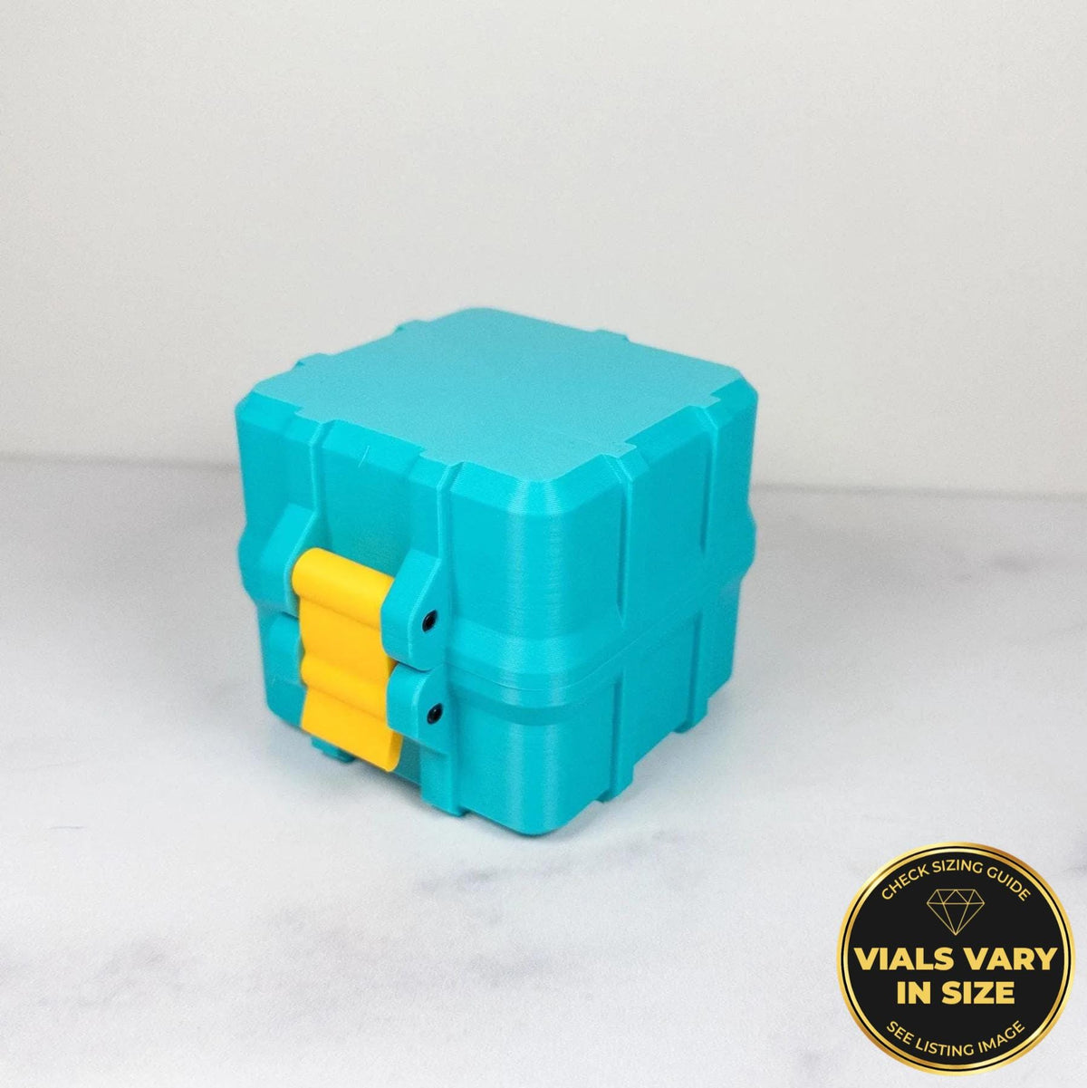 A blue and yellow toy box sits on a white surface.