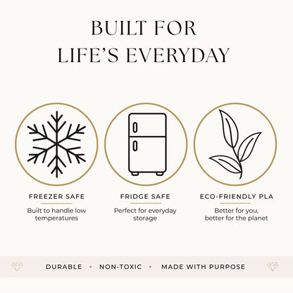 The image is a promotional graphic for a refrigerator that highlights its features, including freezer safety, fridge safety, and eco-friendly pla.