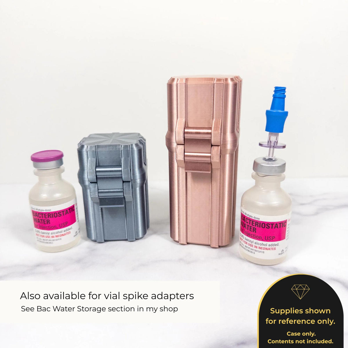 two bottles of medication, one labeled "MULTI-TERIOSTATATE WATER" and the other "BAC-WATER STORAGE", along with a metallic container and a blue syringe. The image also includes text indicating that these items are available for use with a vial spike adaptor.