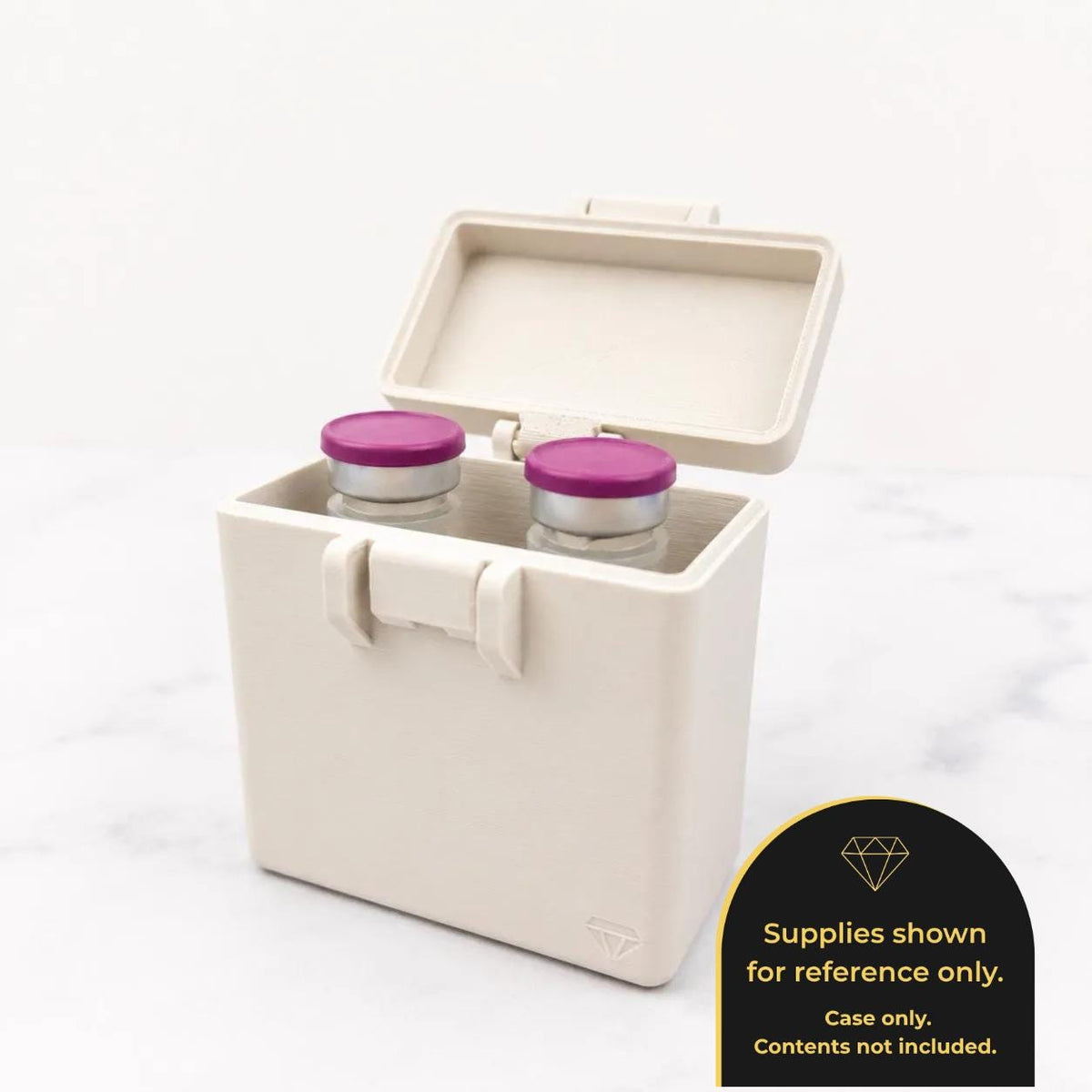 A white plastic container with a purple lid, containing two small glass bottles with purple caps.